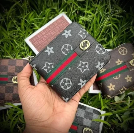 Stylish round zipper wallet for men. • Made of high-quality PU leather. • Perfect for carrying cash and cards. • Fashionable addition to any outfit. • Features a convenient zipper closure. • Outside material is artificial leather. • Ideal for (Snapper-2 Lv Flower Round Zipper Stylish Wallet For Men) use or travel.
